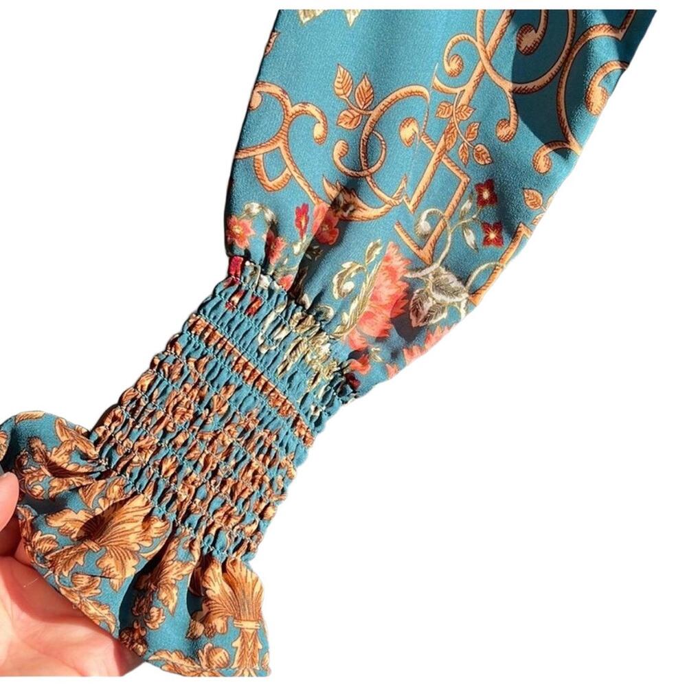 Nanette Lepore Midi Size 8 Teal Floral Print Ruffled Neck - Picture 5 of 9